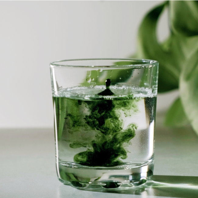 chlorophyll drop in glass of water