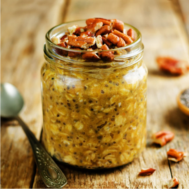 pumpkin overnight oats and pecans in a mason jar