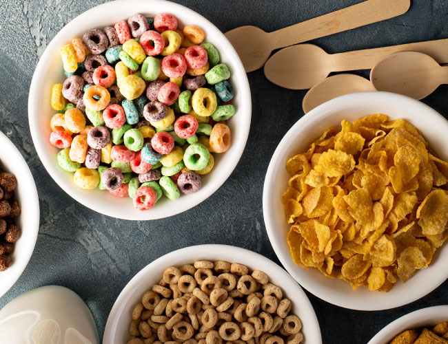 assorted breakfast cereals in bowls