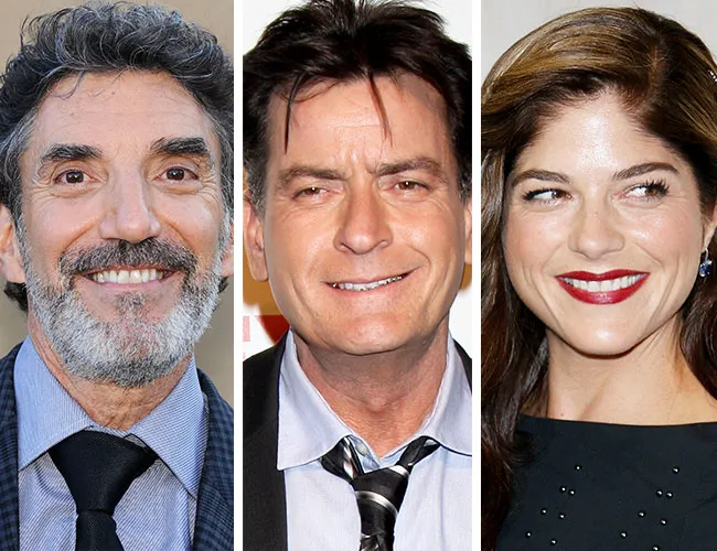 Charlie Sheen, Chuck Lorre, and Selma Blair on set
