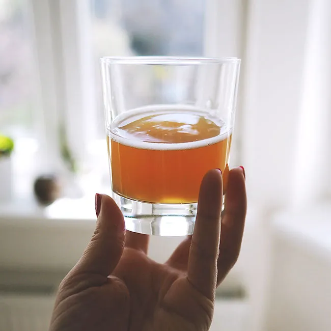 Refreshing glass of kombucha with bubbles and herbs