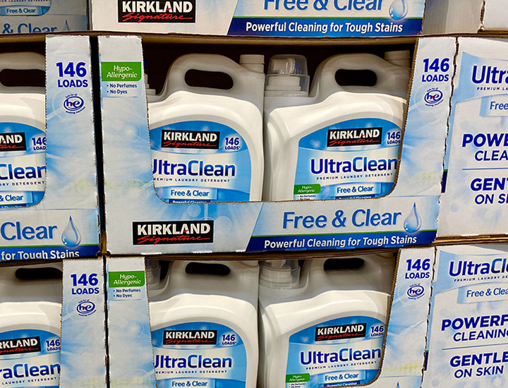 Kirkland Signature Ultra Clean Free and Clear Detergent on Costco store shelves