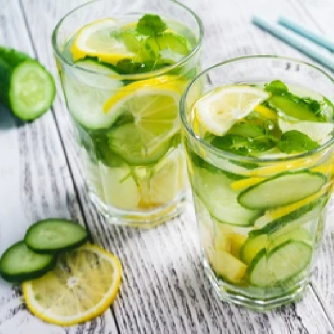 lemons and cucumbers in water in glass cups on gray table