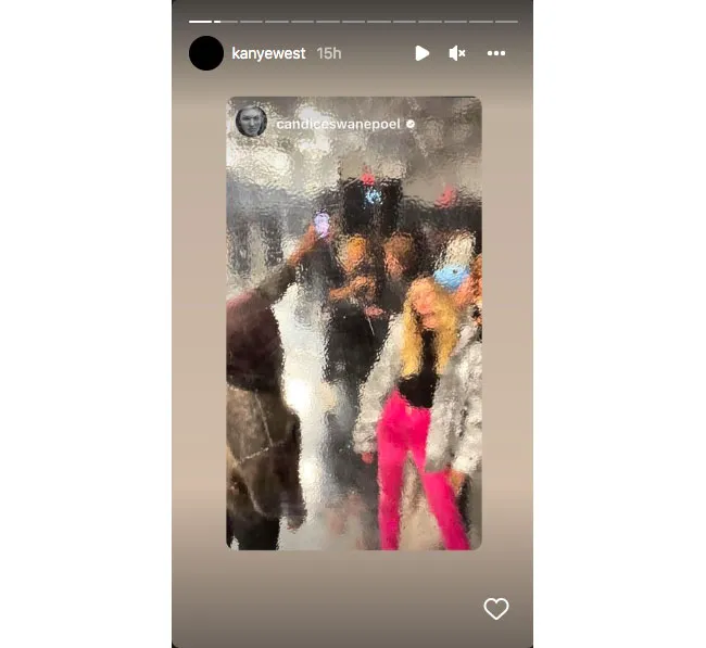 kanye west instagram story blurry candice swanepoel pink pants silver jacket