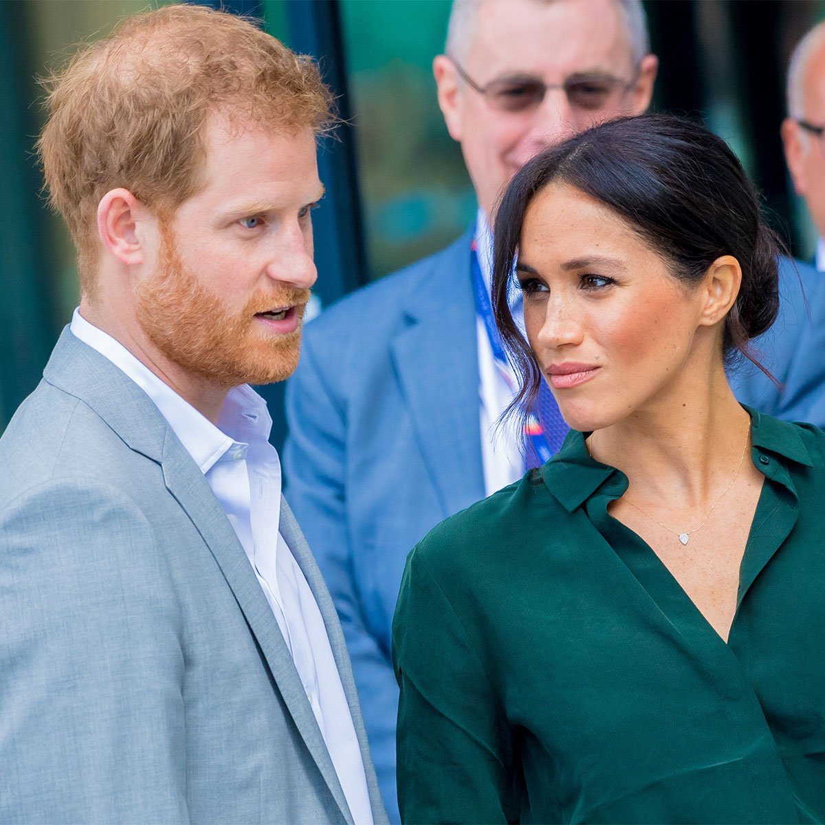 prince harry grey suit meghan markle green outfit hair low bun