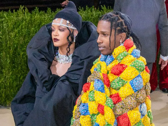 rihanna black balenciaga coat met gala asap rocky multicolor coat