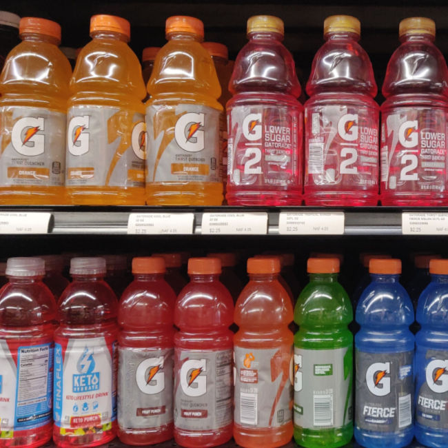 rows of gatorade at grocery store