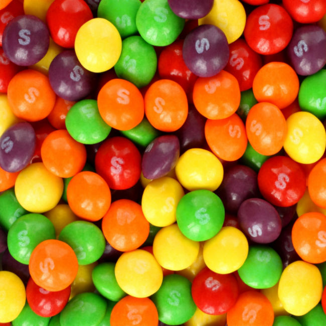 close-up of multi-colored skittles