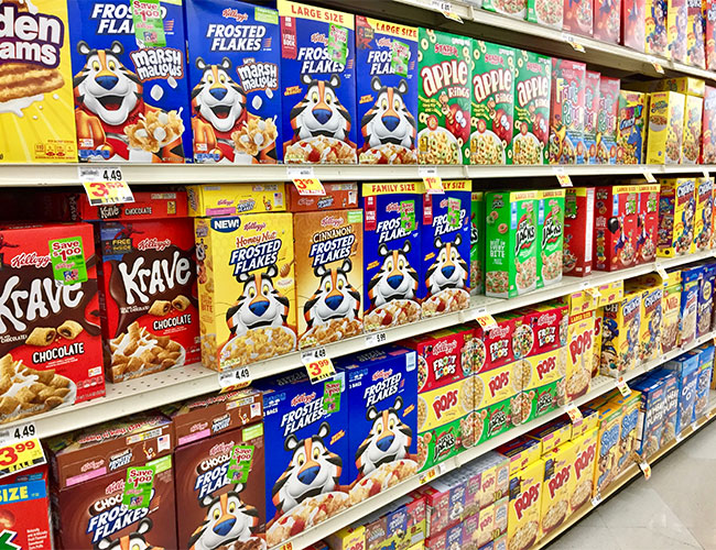 sugary cereal aisle in grocery store