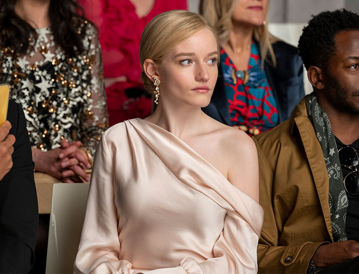 Julia Garner as Anna Delvey Inventing Anna pink one shouldered dress