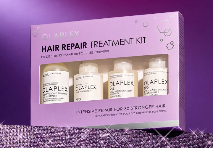 olaplex hair repair treatment kit in purple box