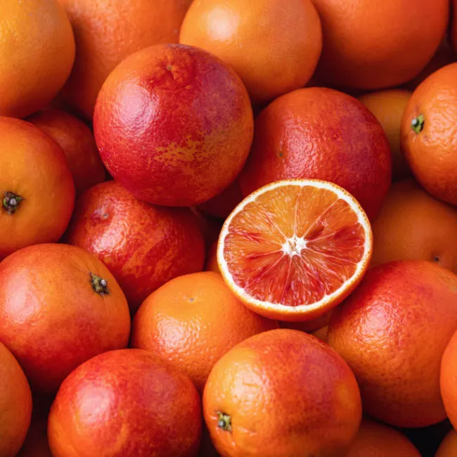 close-up of pile of blood oranges