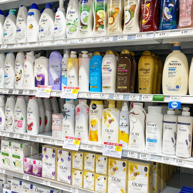 shampoo bottles on shelves in store