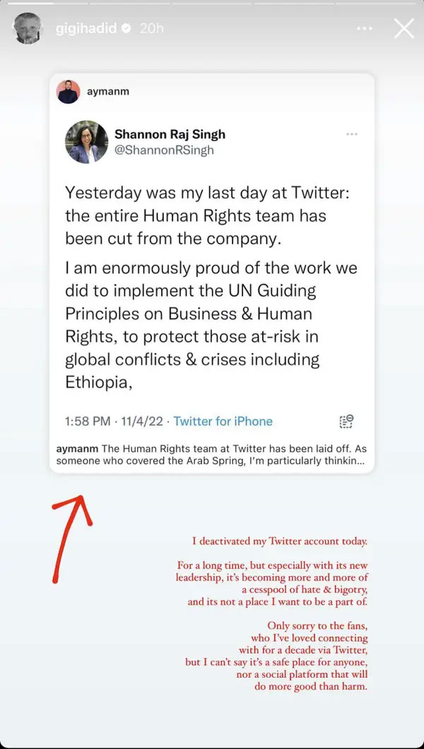 Gigi Hadid Instagram Story deleting Twitter