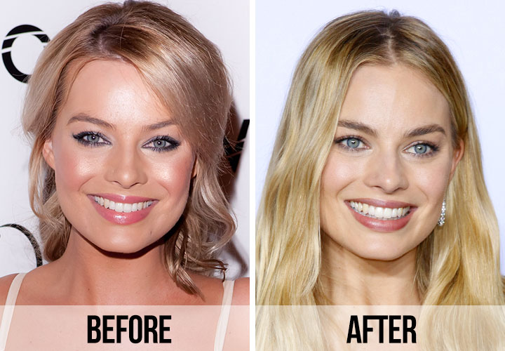 Margot Robbie before after grinning