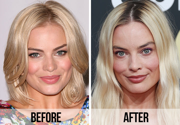 Margot Robbie before and after smiling