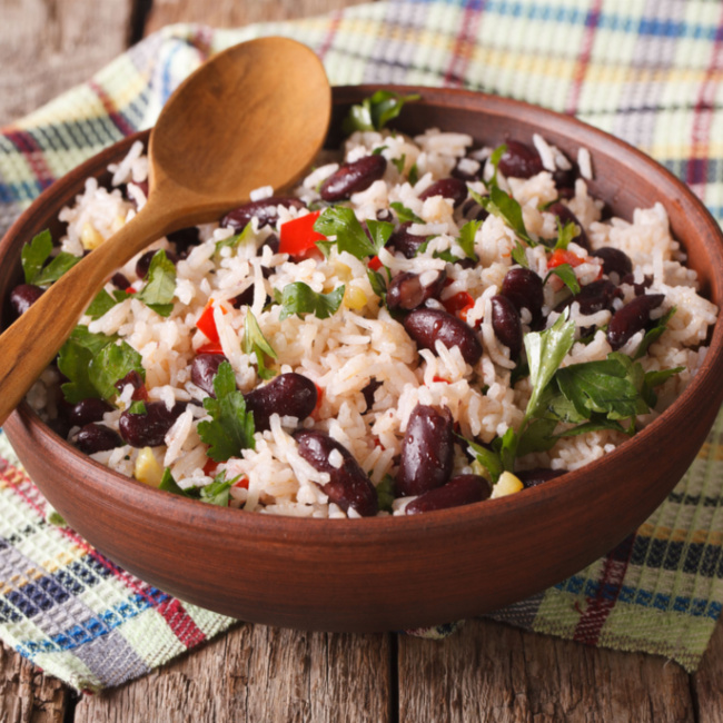 bowl of rice, beans, and veggies