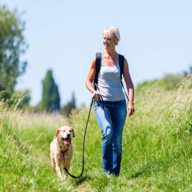woman walking through field with dog on leash