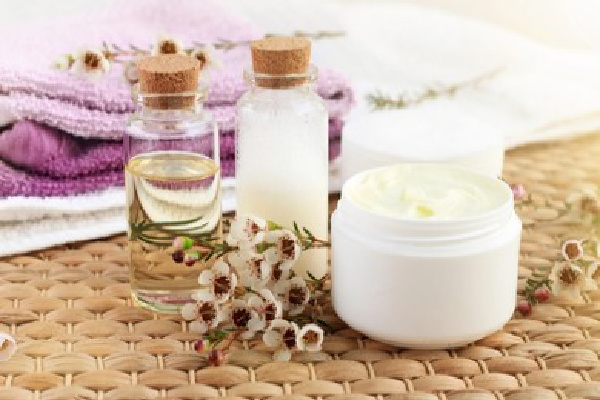 Scented lotions on a table.