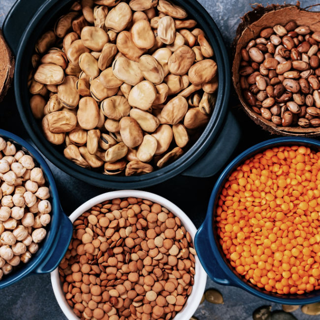 various dry beans in bowls