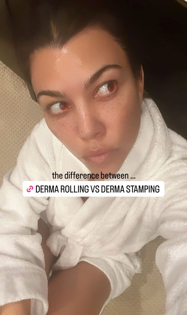 Kourtney Kardashian no makeup Instagram Story derma rolling