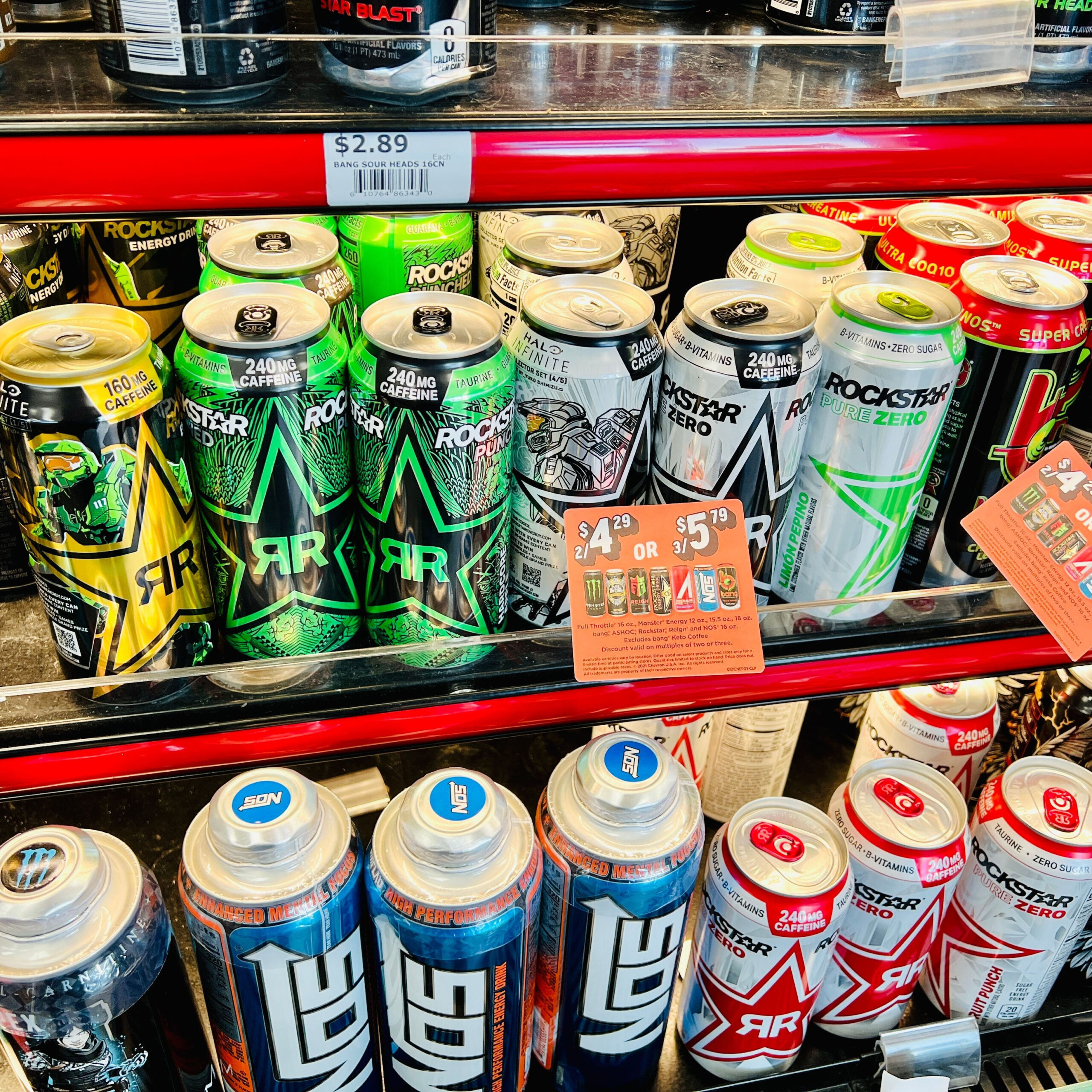 cans of energy drinks in store