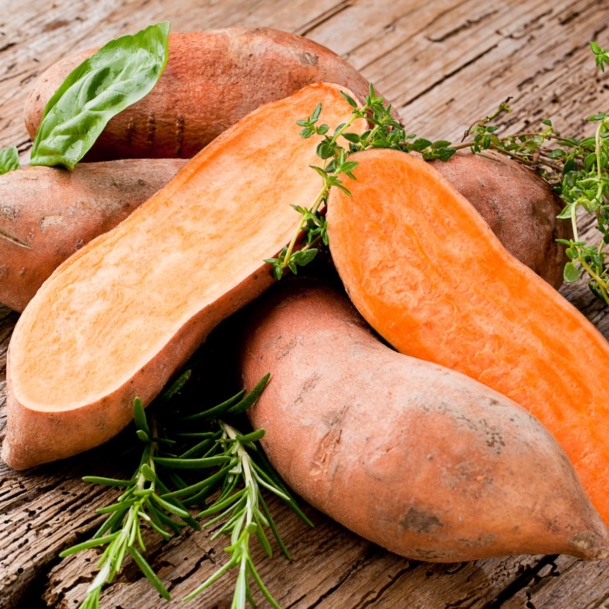 halved and whole sweet potatoes