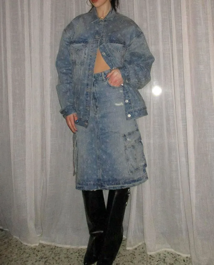 Dua Lipa denim midi skirt outfit Instagram