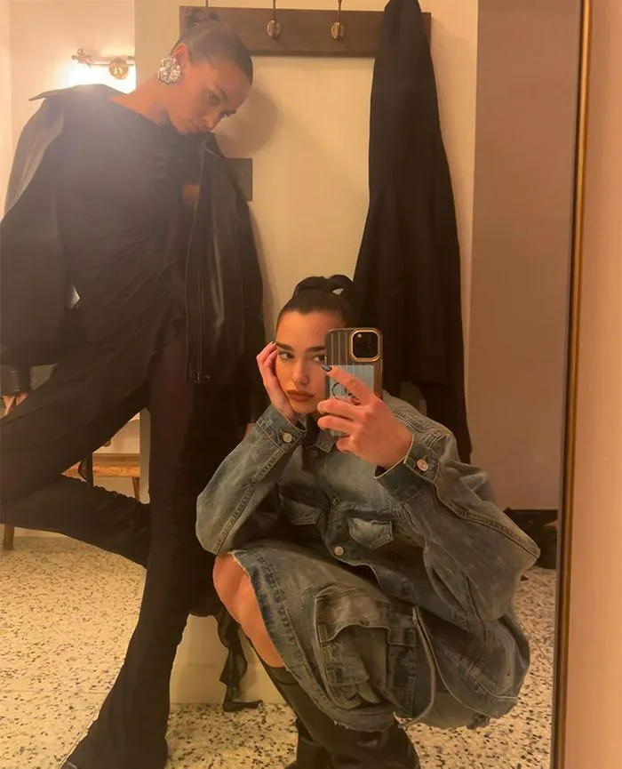 Dua Lipa denim midi skirt Instagram