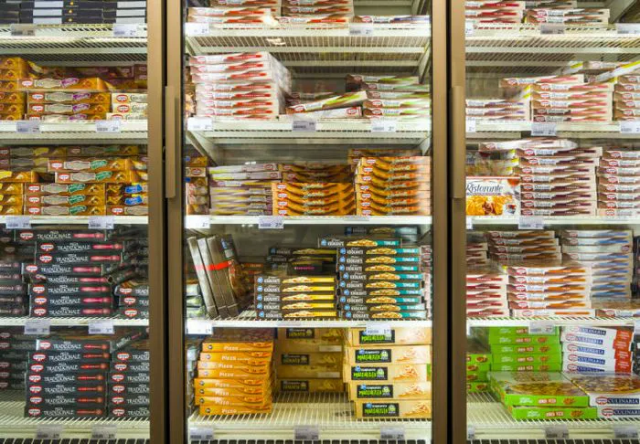 Frozen pizza aisle.