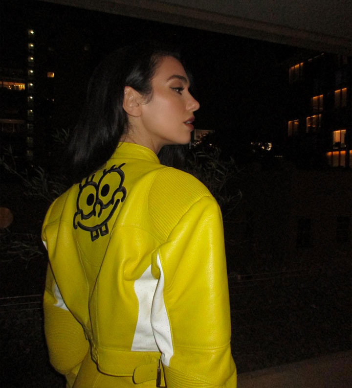 Dua Lipa yellow GCDS X SpongeBob SquarePants jacket Instagram