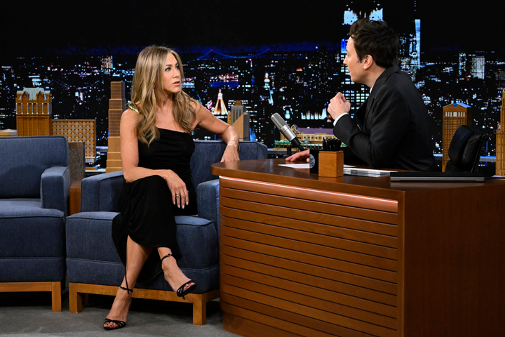 Jennifer Aniston on The Tonight Show Starring Jimmy Fallon Bottega Veneta dress March 2023