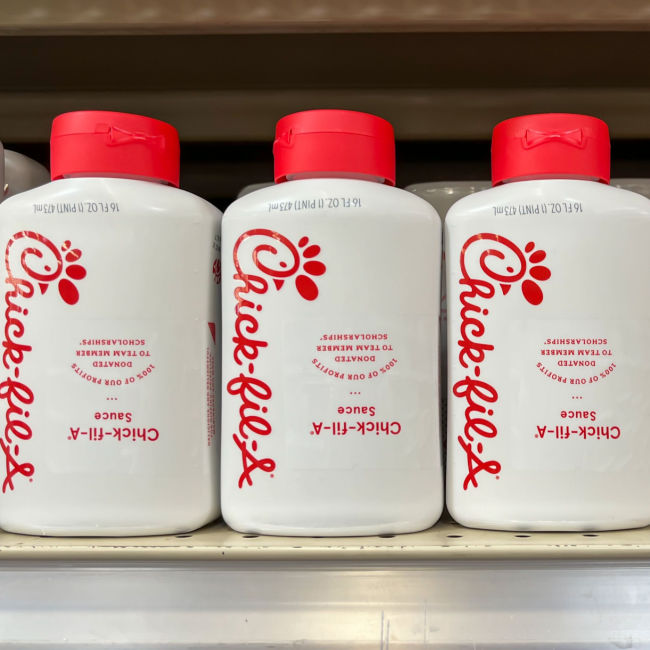 bottles of chick fil a sauce on store shelves