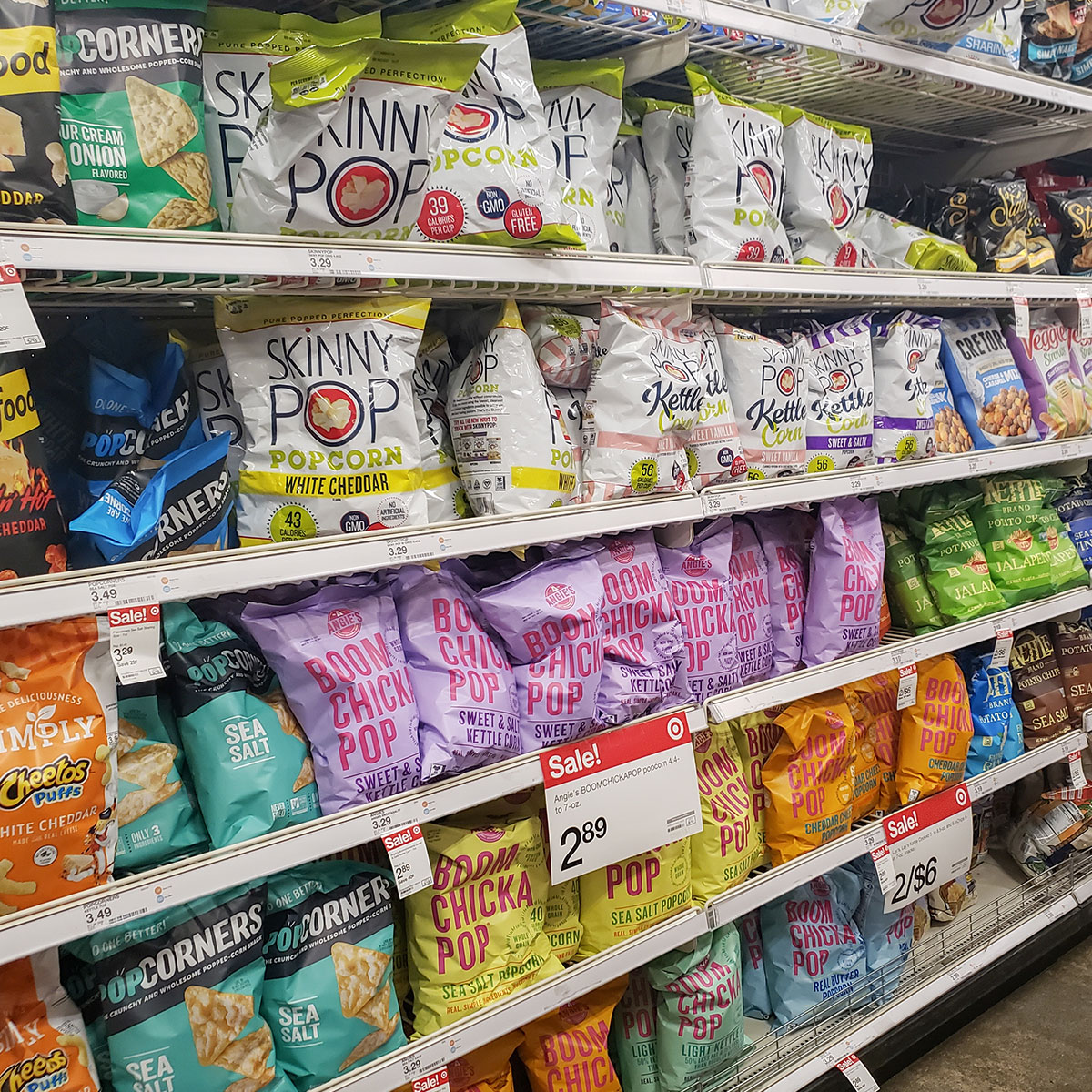 snack aisle at grocery store