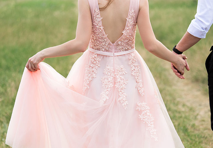 Bride in pink wedding dress