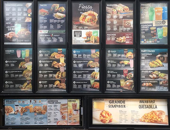 Menu at the drive through of Taco Bell