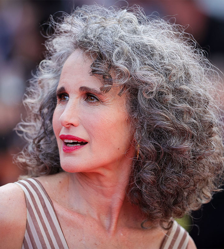 andie macdowell gray hair curly red carpet premiere long hair bob