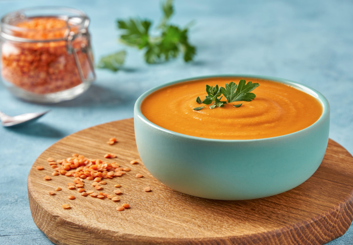 Bowl of lentil soup on a table