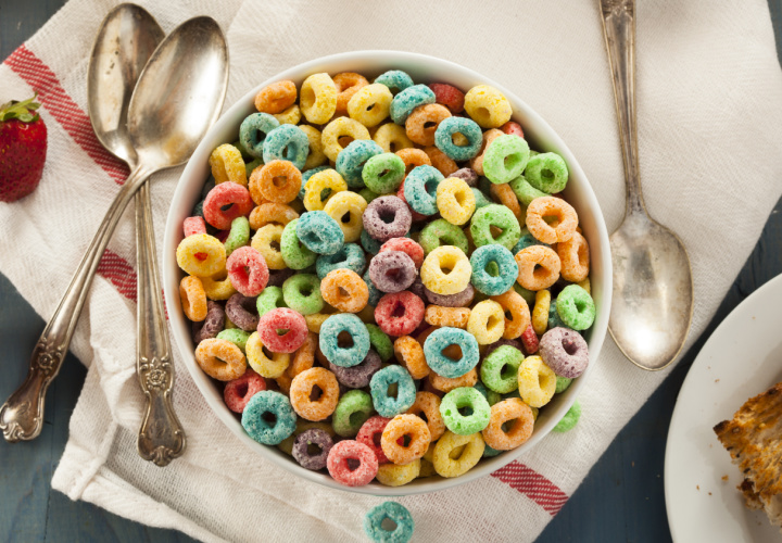 Bowl of sugary cereal on a plate