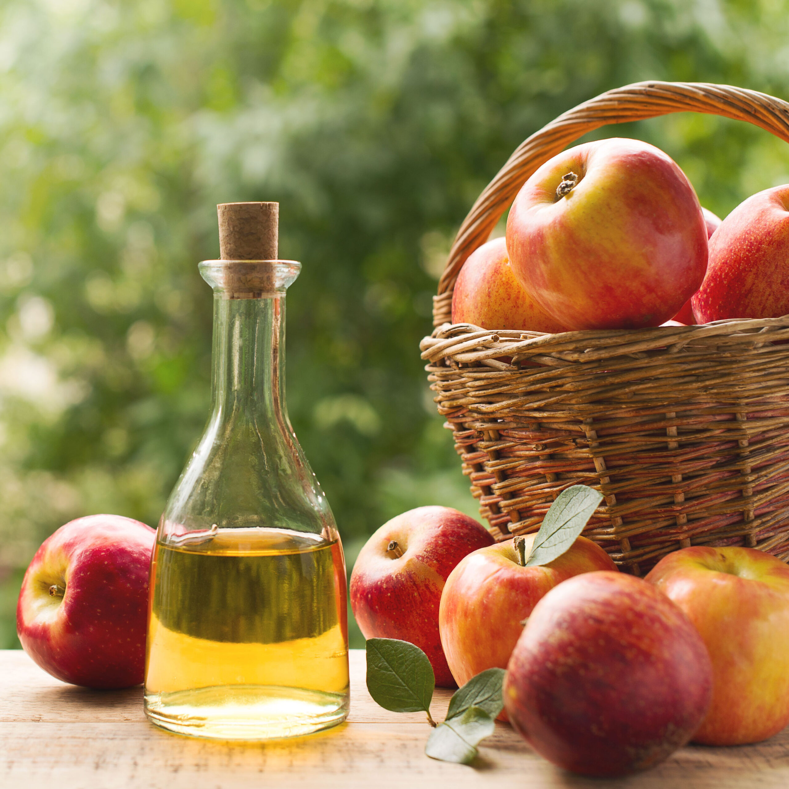 bottle of apple cider vinegar outside beside basket of apples