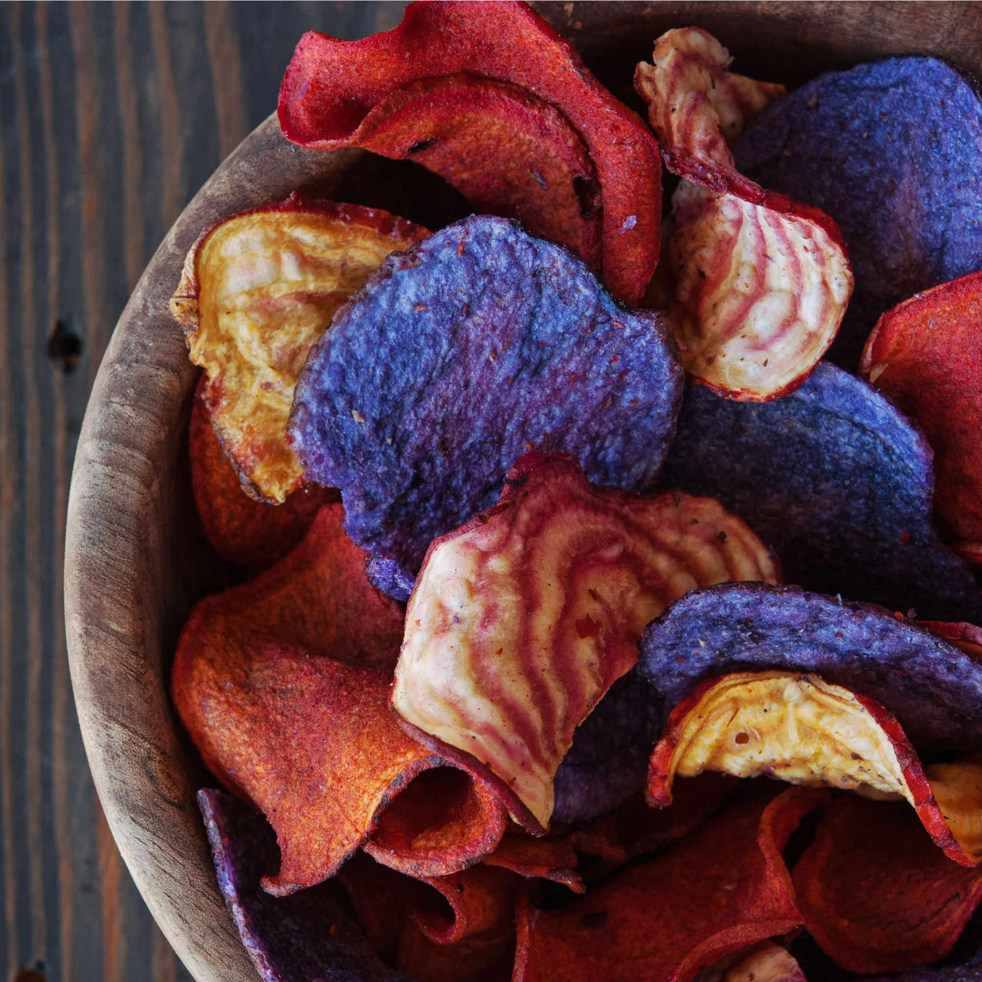 multi-colored veggie chips in bowl