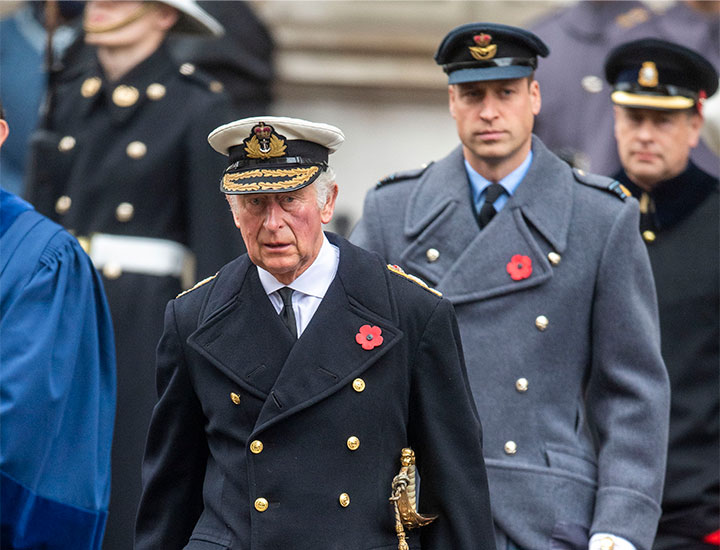 King Charles and Prince William attend the National Service of Remembrance at The Cenotaph on Remembrance Sunday