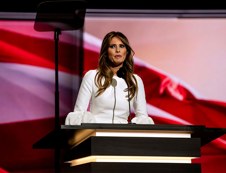 Melania Trump at the podium of the Quicken Sports Arena