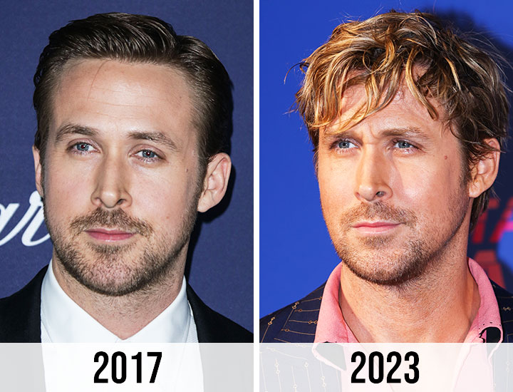 Ryan Gosling looks in 2017 vs. 2023