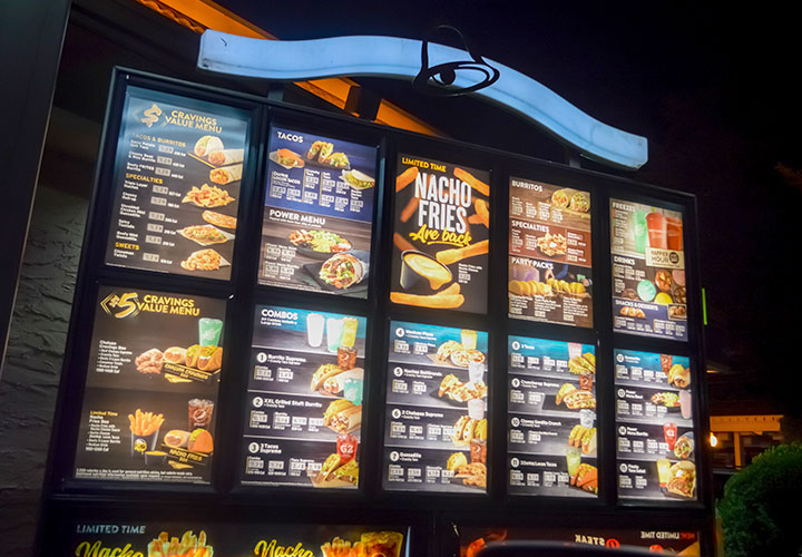 Taco Bell drive-thru menu at night