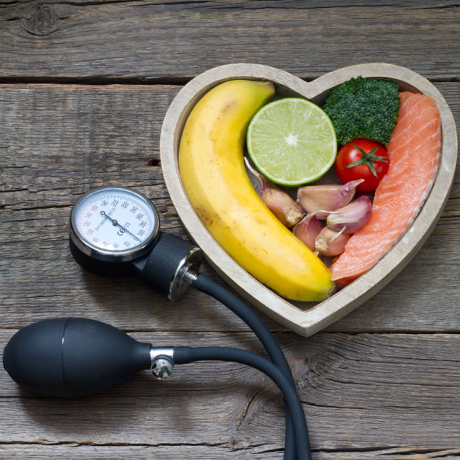 banana, fish, and more in heart-shaped dish