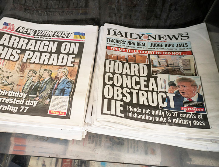 Donald Trump headlines on the cover of New York Post and Daily News, June 14 2023