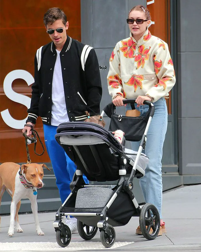 Gigi Hadid with daughter Khai and Antoni Porowski in SoHo NY 2021