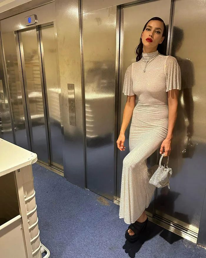 Irina Shayk white Self Portrait rhinestone maxi dress