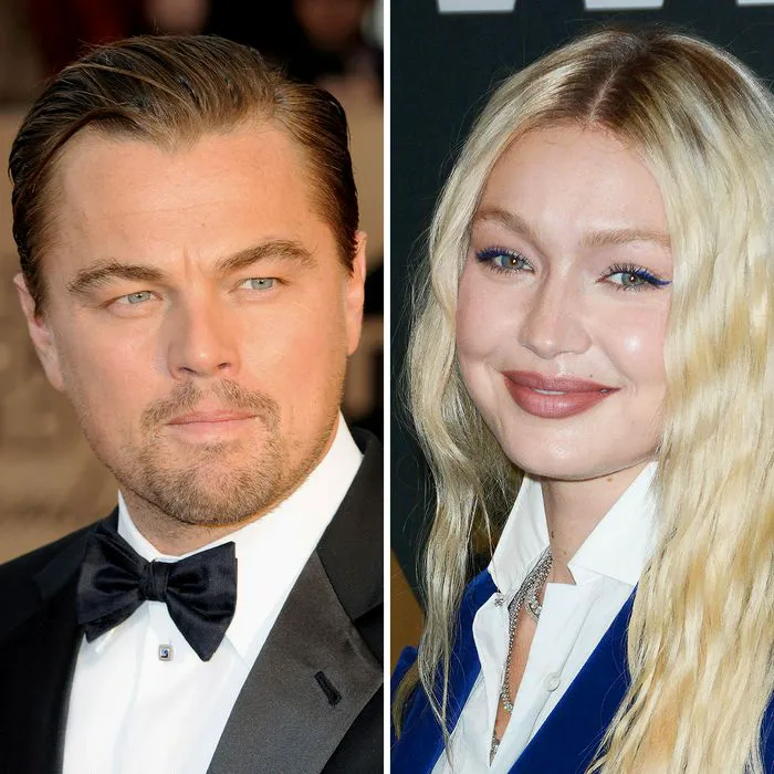 leonardo dicaprio suit gigi hadid side-by-side headshots